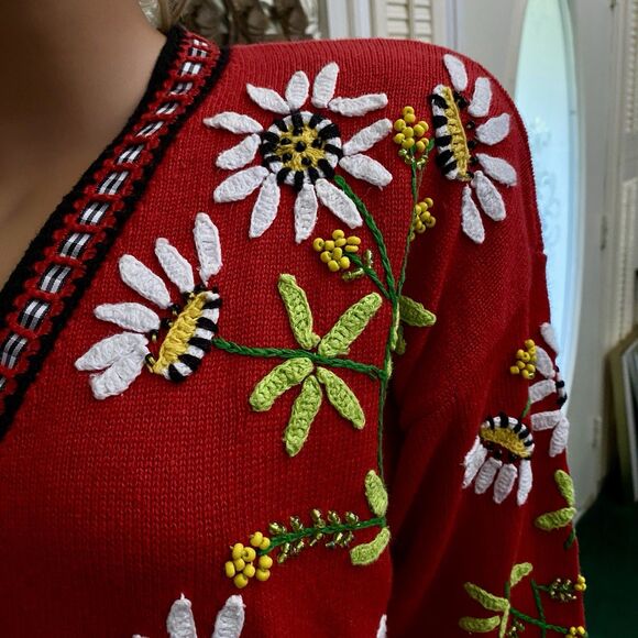 Design Option Philip Jane Gordon Vtg  L Daisy Beaded Cardigan Ribbon Floral 3D - Picture 3 of 16